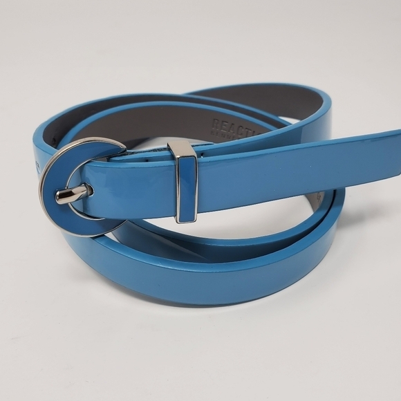 KENNETH COLE REACTION SET OF 2 SKINNY BELTS PEACOCK BLUE BLACK FLORAL WOMEN M - Picture 4 of 15